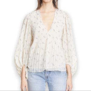 NWT $285 GANNI Floral Balloon Sleeve Pleated Georgette Blouse Egret Ivory US 6
